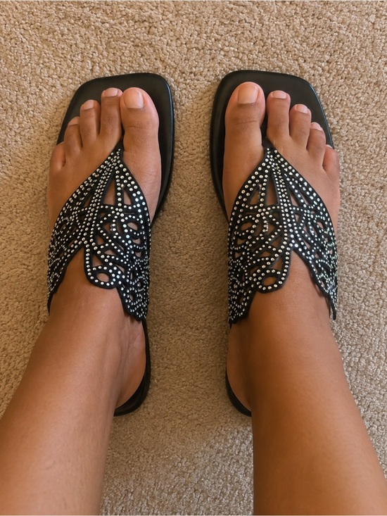 Shoes - Black Rhinestone Butterfly Thong Sandals
